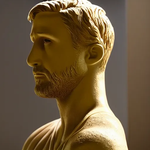 Prompt: ryan gosling as roman statue, dramatic light, reflective, clear face