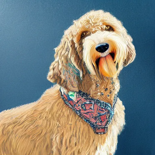 Image similar to light haired golden doodle painted as portrait of a queen intricate, hyper detailed