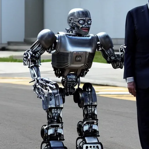 Image similar to joe biden terminator metal robot hunting trump