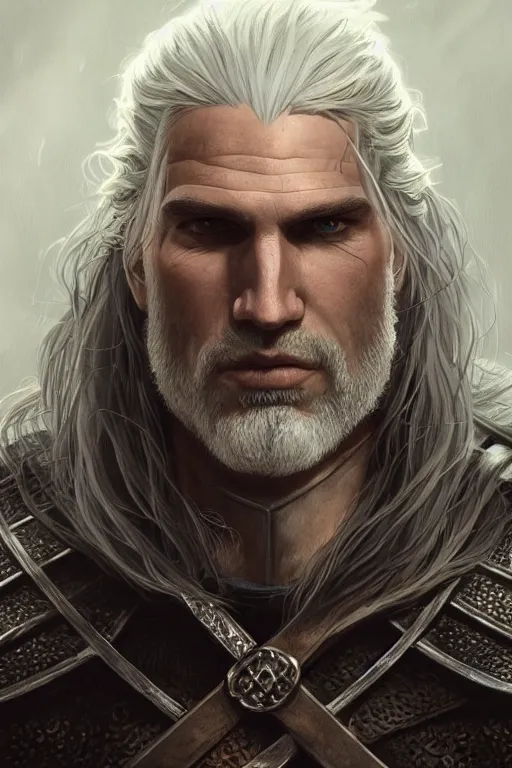 Prompt: portrait of Geralt, gothic armor, Warhammer-inspired, fantasy, intricate, beautiful eyes and flowing hair, realistic, cinematic lighting, highly detailed, digital painting, Artstation, concept art, smooth, sharp focus, illustration, art by Artgerm and Greg Rutkowski and Alphonse Mucha