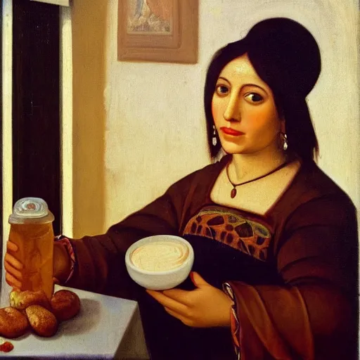 Image similar to A beautiful Jewish-Mexican woman peacefully sips a soda at a café at sunset with a plate of beignets before her, Renaissance oil painting