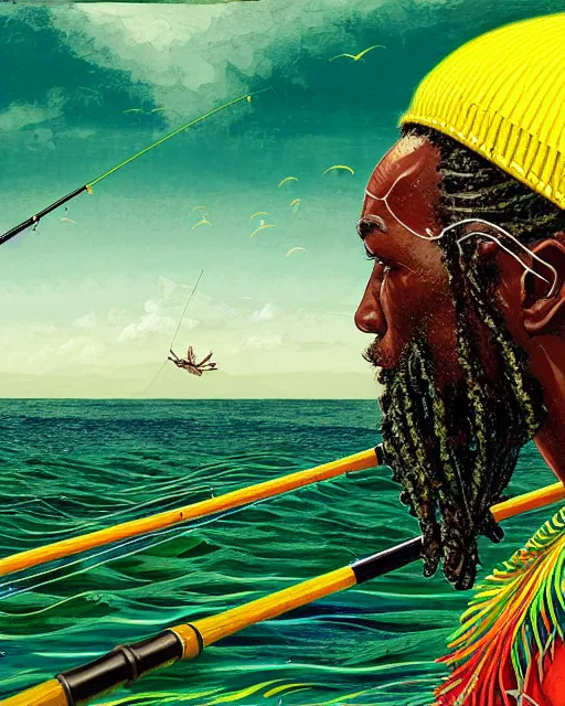 Image similar to Fisherman, Jamaican Male Fisherman, casting fishing rod into the sea, Illustration, Third-Person View, Depth of Field, Colorful with Yellow Green Black Red, insanely detailed and intricate, hypermaximalist, jamaican vibe, hyper realistic, super detailed, by Charlie Bowater, by Karol Bak