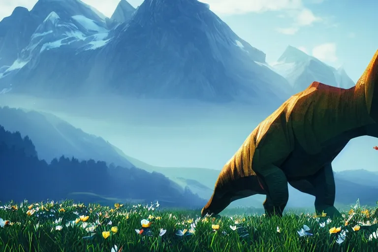 Image similar to lowpoly ps 1 playstation 1 9 9 9 glowing tyrannosaurus standing in a field of daisies, swiss alps in the distance digital illustration by ruan jia on artstation