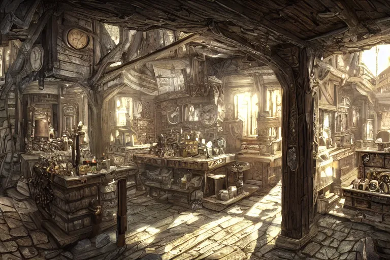 Image similar to A small curious shop viewed from the inside, texture, intricate, details, highly detailed, masterpiece, architecture, building, trending on artstation, focus, sharp focus, concept art, digital painting, fantasy, sunny, day, midday, in the style of skyrim