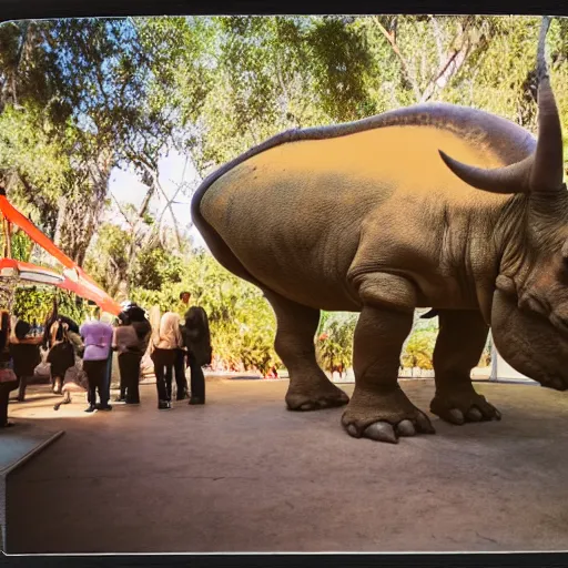 Prompt: photograph of a polaroid of a triceratops exhibit at san diego zoo, tourists in background, bokeh, high definition, slr, golden hour, realistic skin