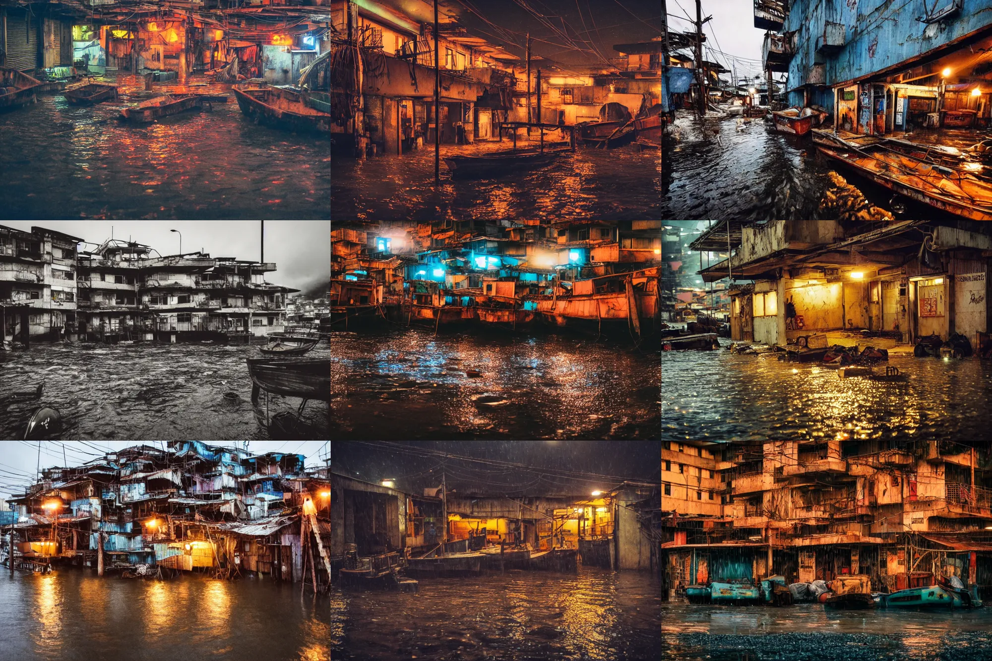 Prompt: travel photography, a close - up photo of a dystopian cyberpunk motel made of scrap wood and scrap metal in a village of favelas, flooded fishing village, at night, raining, boats in the water, epic lighting, epic composition, depth of field, bokeh, upscaled to 4 k