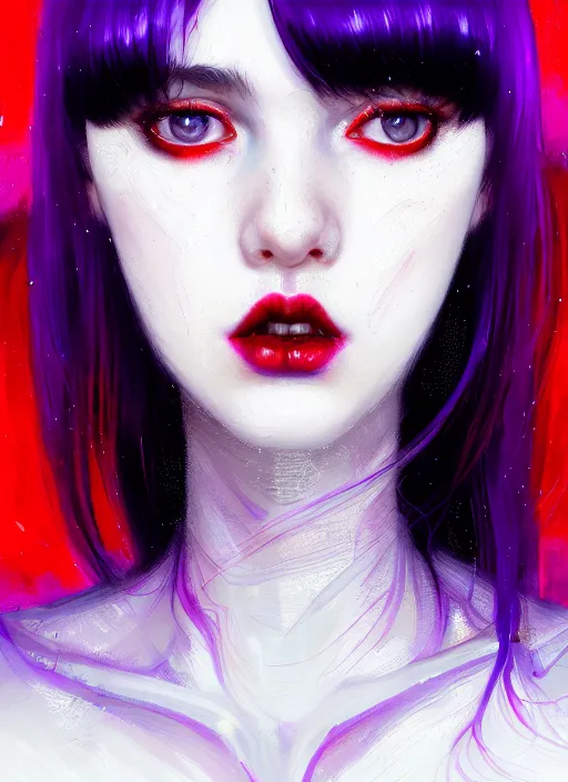 Image similar to portrait of teenage girl, red irises, red eyes, black hair, white bangs, purple lipstick, white bangs, bangs, black hair and white bangs, intricate, elegant, glowing lights, highly detailed, digital painting, artstation, concept art, smooth, sharp focus, illustration, art by wlop, mars ravelo and greg rutkowski