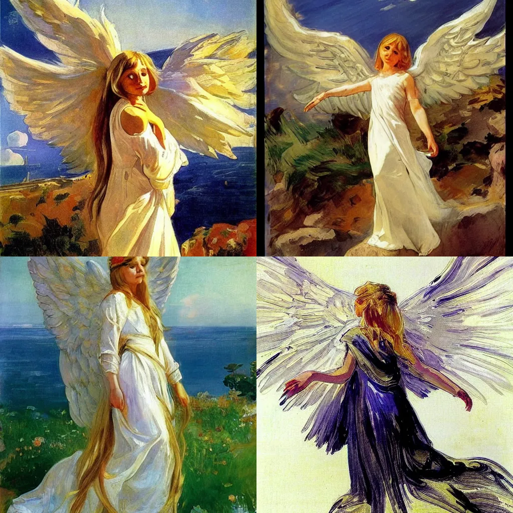 Prompt: an angel with long blond hair and giant wings, illustration, high detail, joachim sorolla