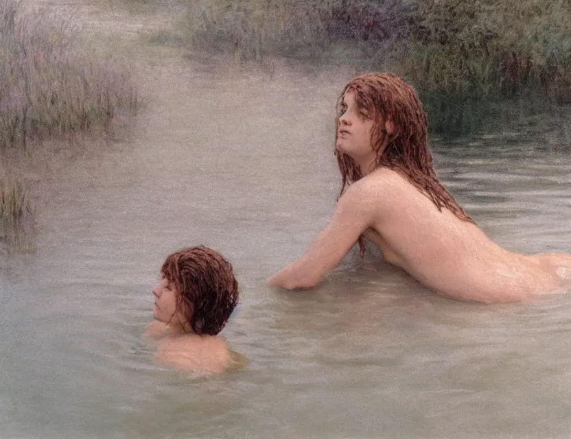 Prompt: peasant with wet hair taking a bath in a lake, back view, cottage core, cinematic focus, polaroid photo bleached vintage pastel colors high - key lighting, soft lights, foggy, by steve hanks, by lisa yuskavage, by serov valentin, by tarkovsky, 8 k render, detailed, oil on canvas