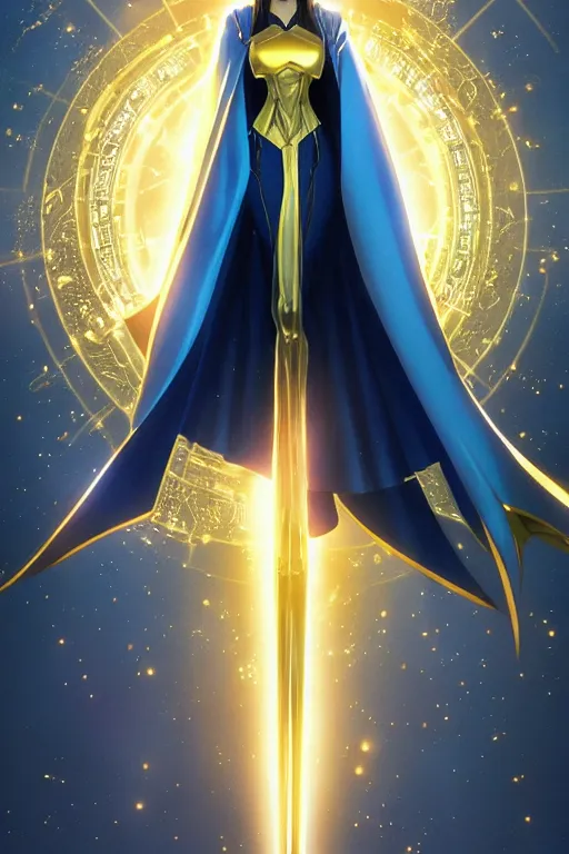 Image similar to anime key visual of a beautiful young female doctor fate!! intricate, gold and blue suit, cape, glowing, powers, dc comics, cinematic, stunning, highly detailed, digital painting, artstation, smooth, hard focus, illustration, art by artgerm and greg rutkowski and alphonse mucha