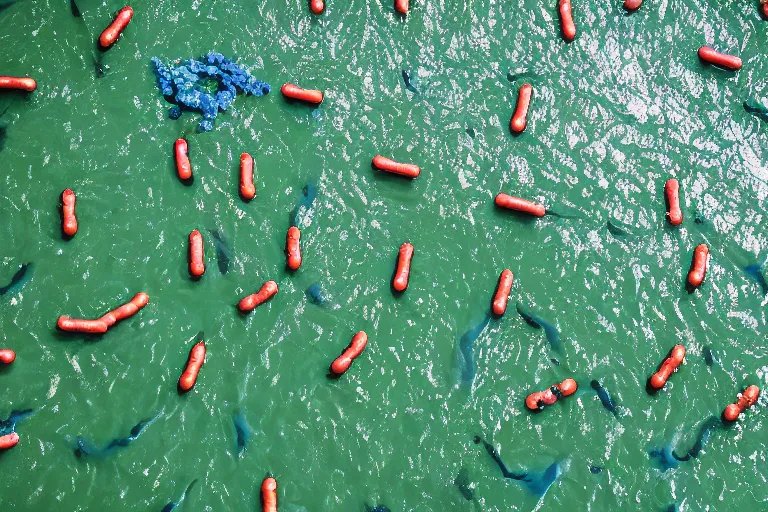 Prompt: a photo of giant green and blue hot dogs floating down a river