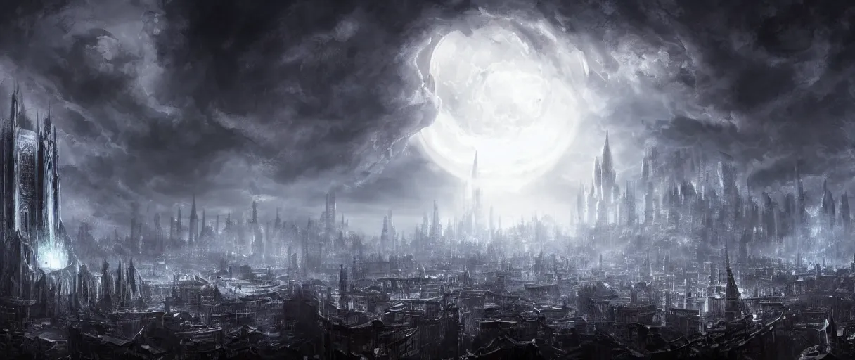 Prompt: digital concept art of large eldritch lovecraftian horror looming over city, dark souls style, volumetric lighting, large scale, night time, moon rays, high detail