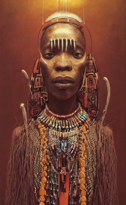 Prompt: portrait of african tribal chief wearing futuristic technology, insibidi symbols, symmetrical, dramatic lighting, art by zdzislaw beksinski,