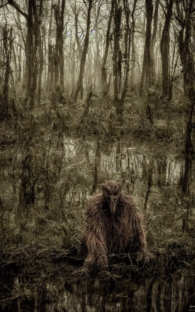 Prompt: a swamp monster in a wooded bog, cinematic, wildlife photography, moody lighting