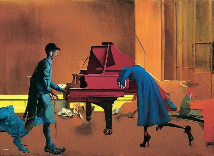 Prompt: a still from the film the pianist, by francis bacon, surreal, scene from the movie prometheus, norman rockwell and james jean, greg hildebrandt, triadic color scheme, by greg rutkowski, in the style of francis bacon and syd mead and edward hopper and beksinski, dark surrealism, orange and turquoise and pink and yellow and blue and red