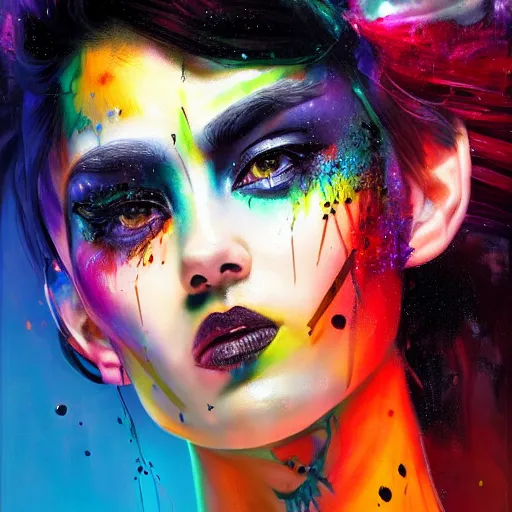 Prompt: cyberpunk goddess, black hair, side portrait, striking, defiant, spotlight, vibrant colors, paint splash, beautiful eyes, by marco paludet and gianni strino and marion bolognesi, 4 k