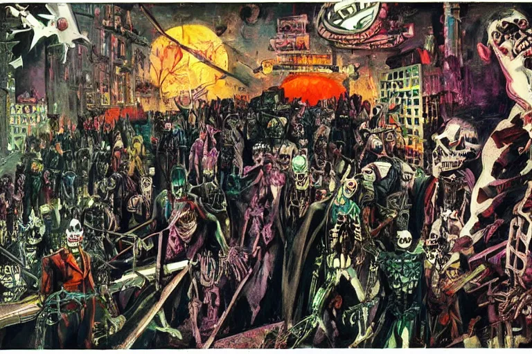 Image similar to scene from batman, day of the dead, cyber skeleton, neon painting by otto dix