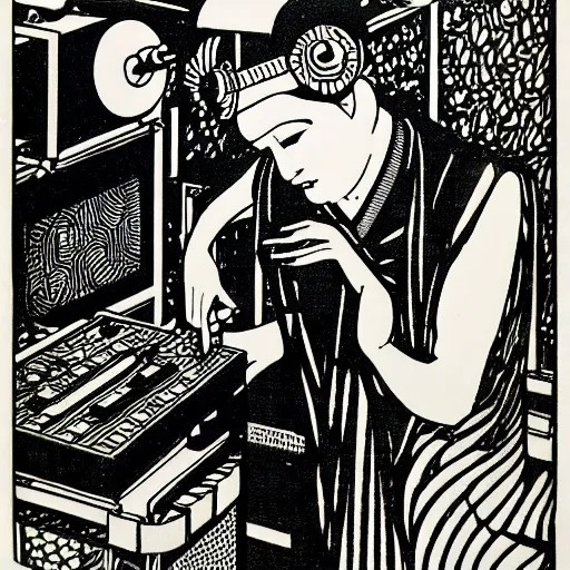 Prompt: A techno DJ, woodblock print, b&w, by Aubrey Beardsley