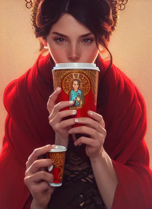 Image similar to perfectly - centered - portrait of a beautiful lady drinking red cup coffee, intricate, highly detailed, digital painting, artstation, concept art, smooth, sharp focus, illustration, unreal engine 5, 8 k, art by artgerm and greg rutkowski and alphonse mucha