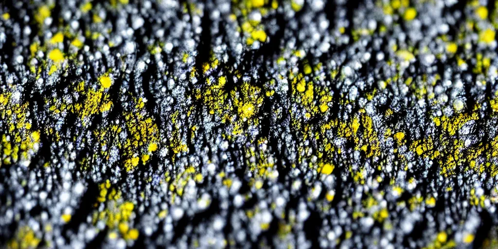 Image similar to closeup of rain on bright lichens on dark rock seen through a condensed lens, drop of waters , macro photography, DSLR, sony a7III, nature photography, 4K, 8K, cinematic lighting, collage, oil painting, high octane