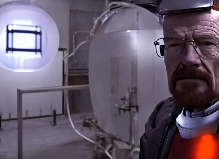 Image similar to film still of Walter White as Gordan Freeman in an underground lab facility wearing a black HEV suit with an orange lambda logo in front with a glowing blue portal in the background in the Half Life Movie, 4k