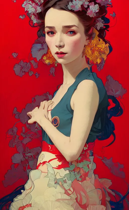 Prompt: a beautiful portrait painting of a lady in a red dress by sachin teng and pascal blanche and alphonse mucha and nekro and josan gonzalez and rhads and ruan jia. in style of digital art. colorful comic, film noirs, symmetry, brush stroke, vibrating colors, hyper detailed. octane render. trending on artstation