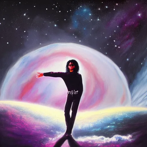 Prompt: painting of Michael Jackson doing the moonwalk in a cosmic scenic environment, trending on Artstation, hyperdetailed, beautiful, stars, planets, nebula, medium shot, mid-shot