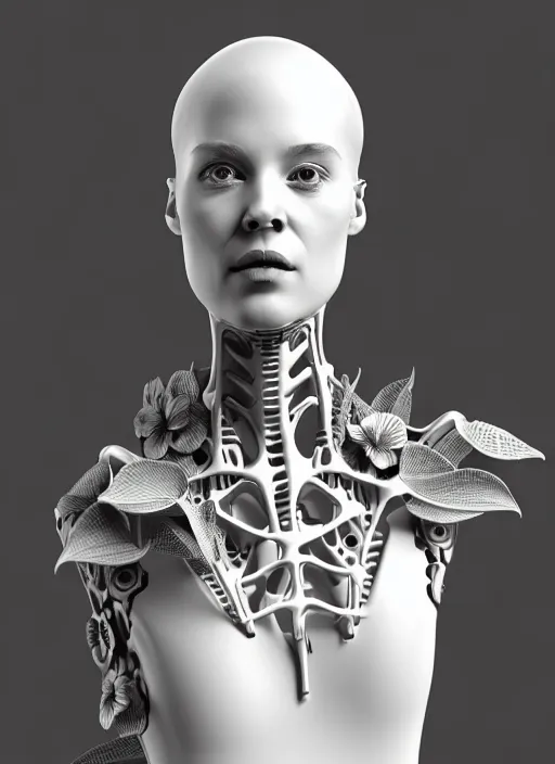 Prompt: monochrome 3 d model, biomechanical young female cyborg with porcelain profile face and a big floral eye, volumetric light, big leaves foliage and stems, hibiscus flowers, boho floral vines, sinuous fine roots, fine foliage lace, alexander mcqueen, rim light, art nouveau fashion pearl embroidered collar, steampunk, redshift render, 8 k