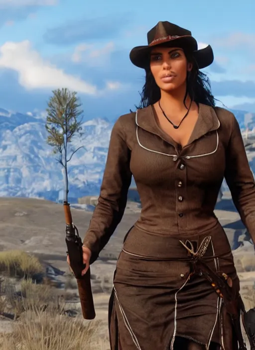 Image similar to film still of kim kardashian as Sadie Adler in rdr2.