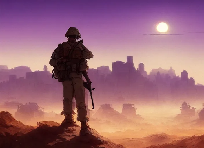 Image similar to matte painting, background studio ghibli, soldier roaming through desert with city in the skyline, two suns, purple orange colors, sharp focus, illustration, highly detailed, digital painting, concept art, matte, art by wlop and artgerm and greg rutkowski, masterpiece