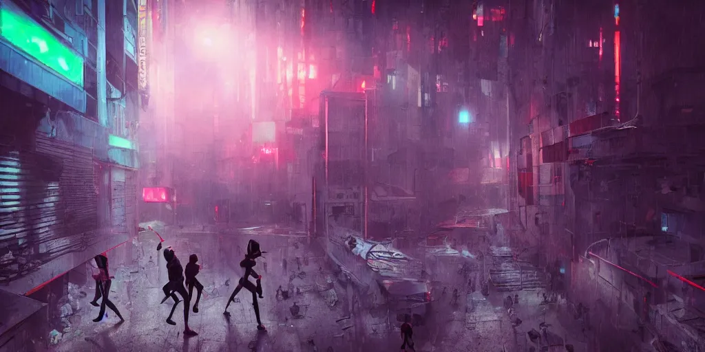 Image similar to cinematic shots of teenagers with tech clothing and hoods and tactical masks doing risky parkour on the rooftops of a dystopian city, neon lights, sci - fi, night lights, rain and haze, concept art, intricate, in the style of katsuhiro otomo, akira, unreal engine