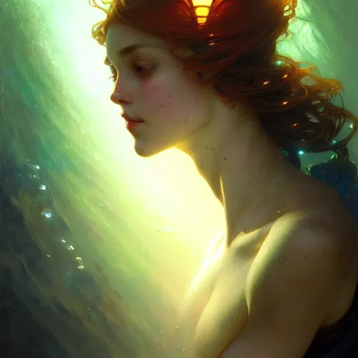 Image similar to Portrait of a girl underwater surrounded by light rays, face, fantasy, intricate, elegant, highly detailed, digital painting, artstation, concept art, smooth, sharp focus, illustration, art by Krenz Cushart and Artem Demura and alphonse mucha