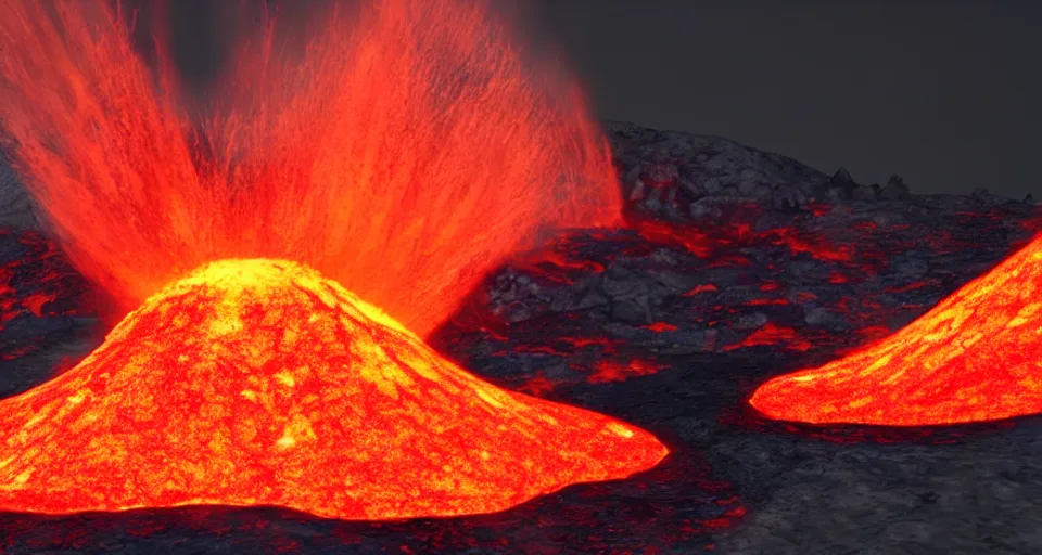 Image similar to volcano with glowing orange lava rolling down the side of it, low lighting, unreal engine 5 octane render