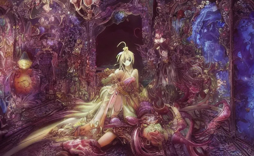 Image similar to lush, dreamlike animation still based on the art of yoshitaka amano ( final fantasy ) from 1 0 0 1 nights ( 1 9 9 8 ), dir. mike smith, hyperion studio