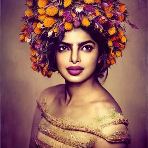 Prompt: fine art photo of the beauty goddess priyanka chopra, she has a crown of dried flowers, by oleg oprisco