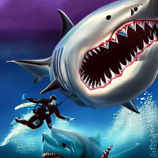 Prompt: a dream fantasy painting of ( white shark with blood teeth ) near a scuba diver, in the deep, trending on artstation, deviantart, matte painting