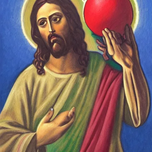 Prompt: painting of jesus christ delivering two balls from each hand