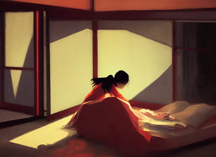 Image similar to famous japanese actress girl seeing the shadow of her desires on the bed of abandoned nightmare house with a light from a window creating dreams, style of James Jean, Edward Hopper, Francis Bacon, colors of Mark Rothko, Frank Auerbach, trending on artstation, Greg Rutkowski, dark atmosphere