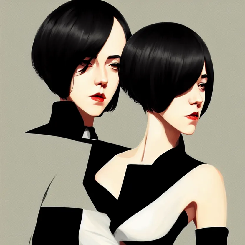 Prompt: jena malone, slim cruel business girl in tuxedo with black bob hair, elegant, 2 d, ultra highly detailed, digital painting, smooth, sharp focus, artstation, art by ilya kuvshinov!