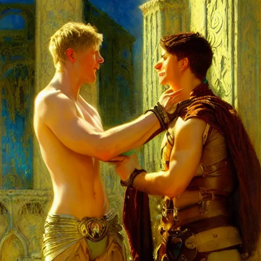 Image similar to attractive arthur pendragon in love with attractive male merlin the mage. they are in love. highly detailed painting by gaston bussiere, craig mullins, j. c. leyendecker