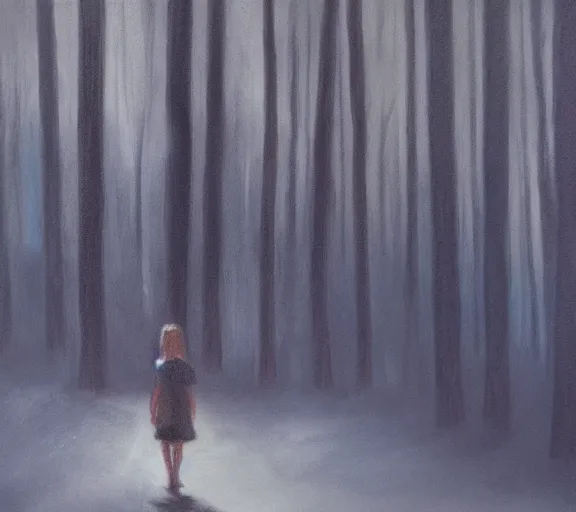 Prompt: a girl wandering in a dark forest, dim lighting, oil painting, scary atmosphere