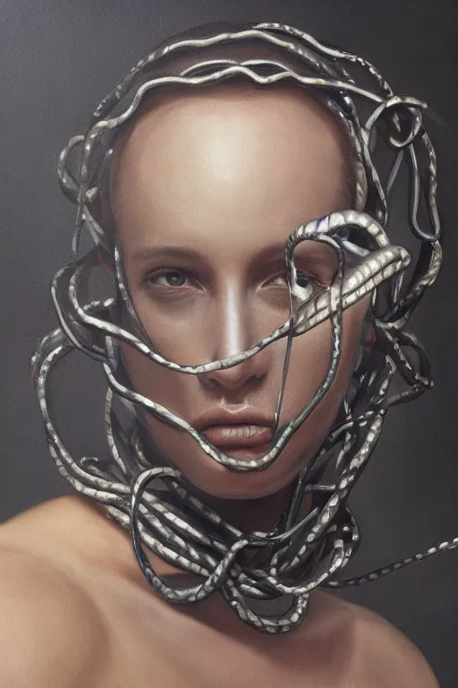 Image similar to hyperrealism oil painting, close - up portrait of face from a tangle of snakes fashion model, knight, steel gradient mixed with nebula sky, in style of baroque