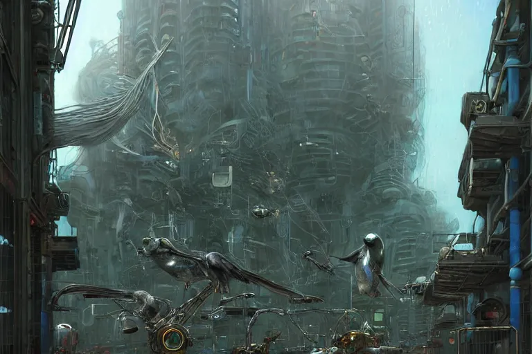 Image similar to A solarpunk very highly detailed Anthropomorphic cybertronic penguin with very highly detailed face on the street of a very highly detailed solarpunk sci-fi city digital rational painting art by Greg Rutkowski, sci-fi highly detailed, digital concept art, Dimensional cyan gold natural light, sharp focus, Golden Ratio illustration, realistic concept art by Stephen Hickman and James Gurney and Hiromasa Ogura Ghost in the Shell rendered in Octane Render, From the distance