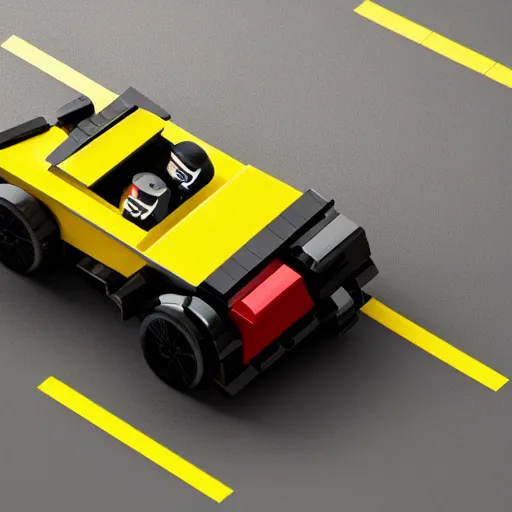 Image similar to black, yellow and red futuristic sports car built entirely using lego, 3 d render, unreal engine trending on artstation, top selection on unsplash.