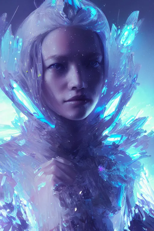 Prompt: A fancy portrait of a crystalized creature by Greg Rutkowski, beeple, Sung Choi, Mitchell Mohrhauser, Maciej Kuciara, Johnson Ting, Maxim Verehin, Peter Konig, final fantasy, 8k photorealistic, cinematic lighting, HD, high details, dramatic, dark atmosphere, trending on artstation