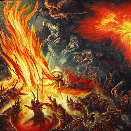 Prompt: epic detailed painting about the vanquishing of a titan of fire with multiple screaming faces, world destruction, monster cosmic fight, chaoskampf, heat shimmer, the birth of angels in the flames of hell