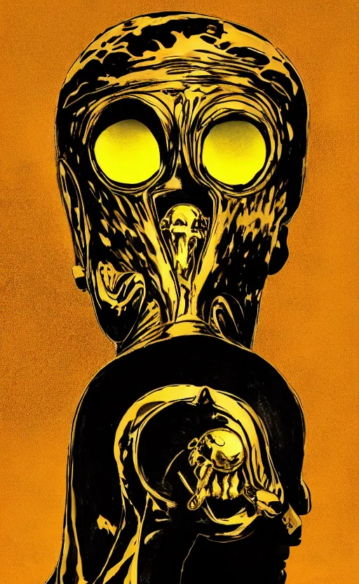 Image similar to golden robed ancient god with a giant bird skullhead, comic book texture, 4 k asymmetrical portrait, frank miller, jamie hewlet, ashley wood, tom lovell, mike mignola, trending on artstation, norman saunders, will eisner, 4 k