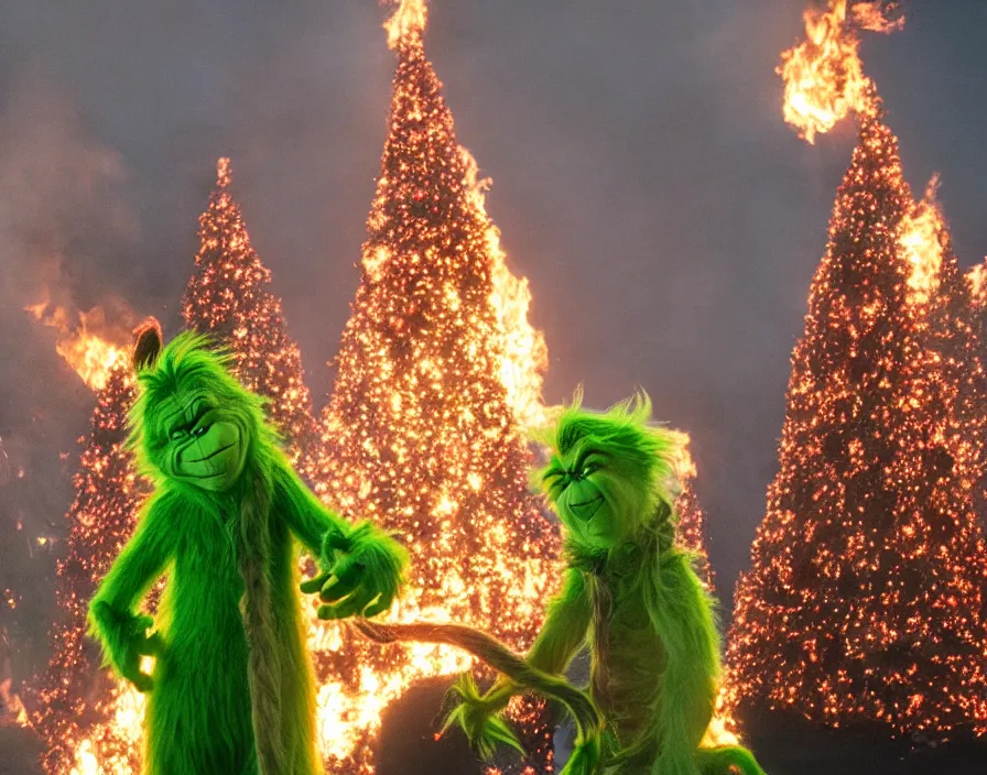 Image similar to the grinch smiling while looking at a 100 ft Christmas tree burning