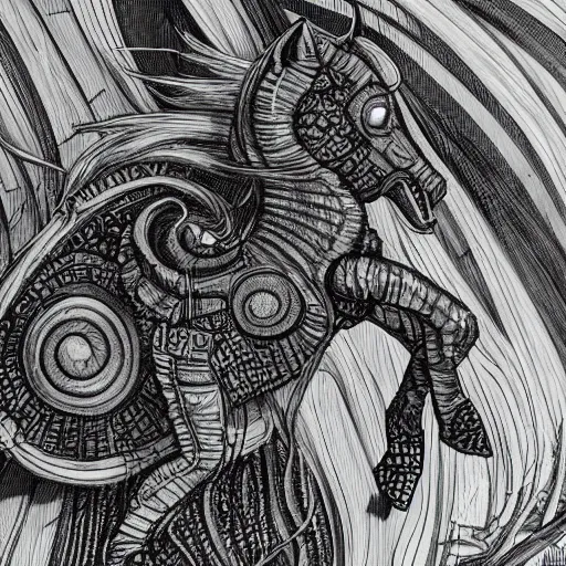 Prompt: detailed black and white illustration of my little pony in the style of h r giger and moebius and wayne barlowe