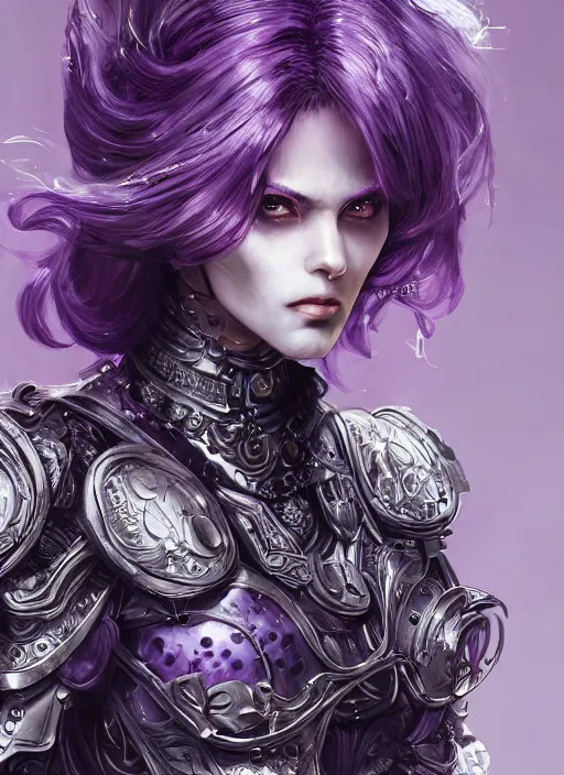 Prompt: close up portrait of a pale woman in amethyst bionic armor with purple hair, powerful, domineering, stoic, masterful, intense, ultrafine hyperdetailed illustration by kim jung gi, irakli nadar, intricate linework, sharp focus, octopath traveler, yoji shinkawa, highly rendered, detailed, concept art